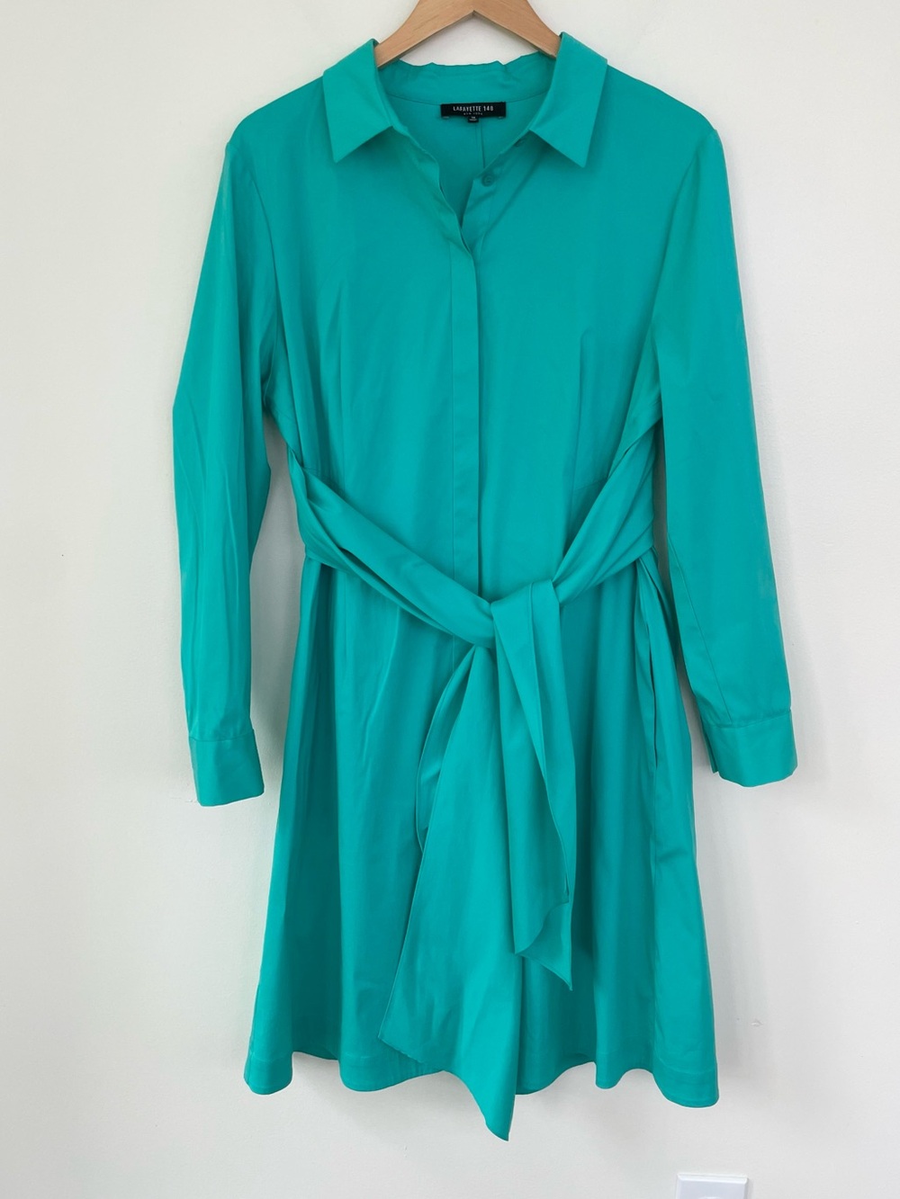 Lafayette 148 New York Long Sleeve Cross Back Shirt Dress Teal Green 14 Cotton